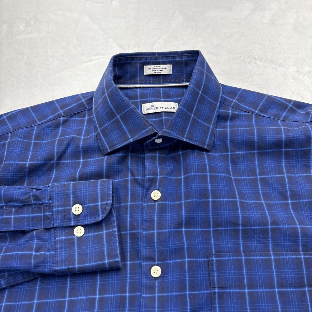 Peter Millar Mens Large Blue Plaid Dress Shirt Preppy Golf Smart Casual